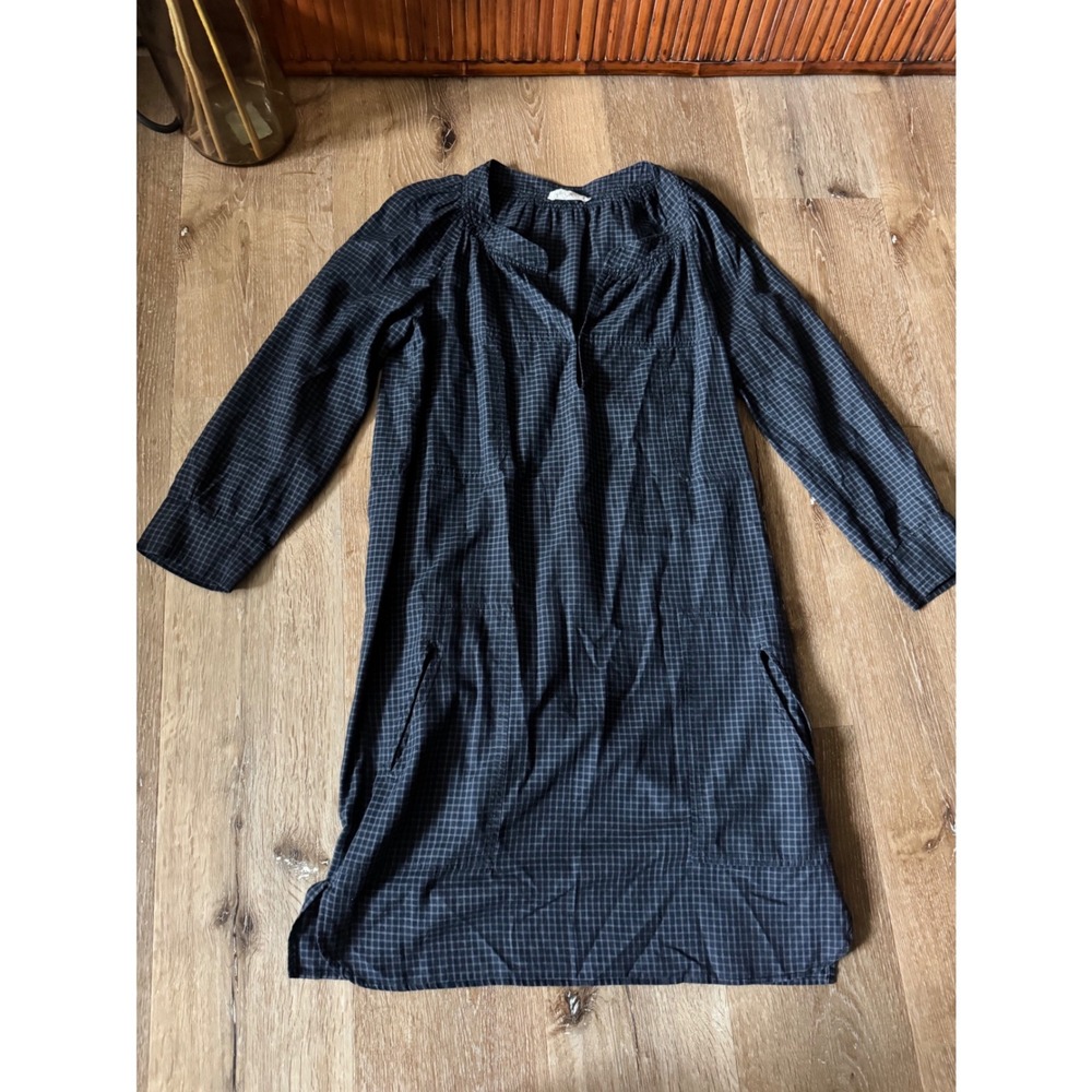 Etoile Isabel Marant Navy Grid Check Shift Dress Long Sleeve Pocket Tunic Size 2